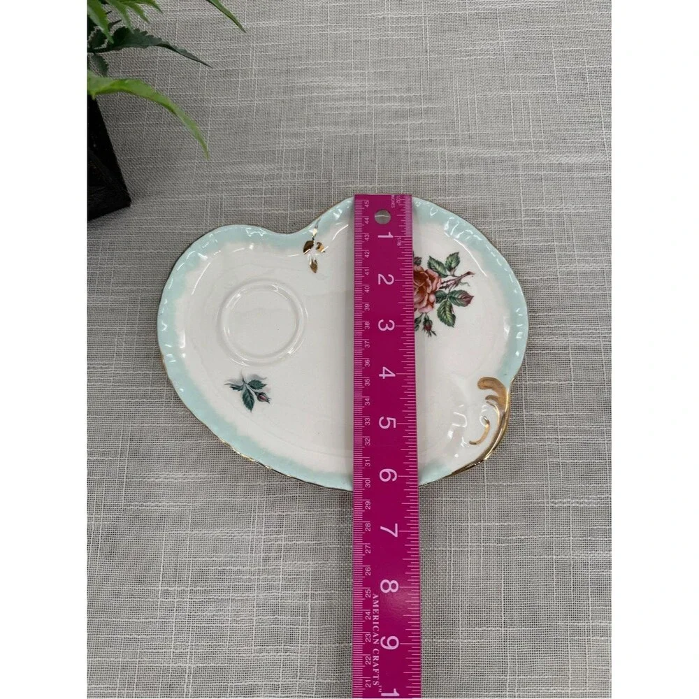 Vintage Floral Porcelain Tea Cup Tray Mint Green Gold Rose Serving Dish